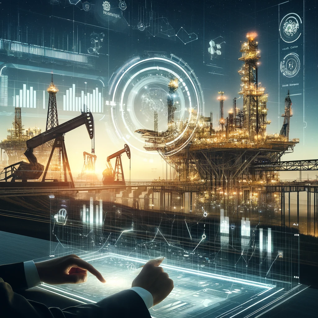 DALL·E 2024-04-30 18.24.30 - Create an image depicting a futuristic energy sector scene. The visual should include elements of oil and gas infrastructure, like oil rigs and pipeli