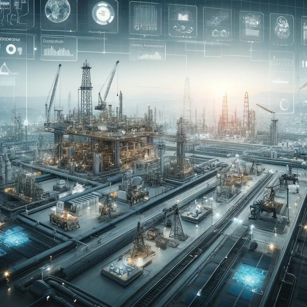 DALL·E 2024-04-30 18.25.33 - Create a realistic image of a modern energy sector scene, illustrating an oil and gas infrastructure with a high-tech overlay. Include elements such a